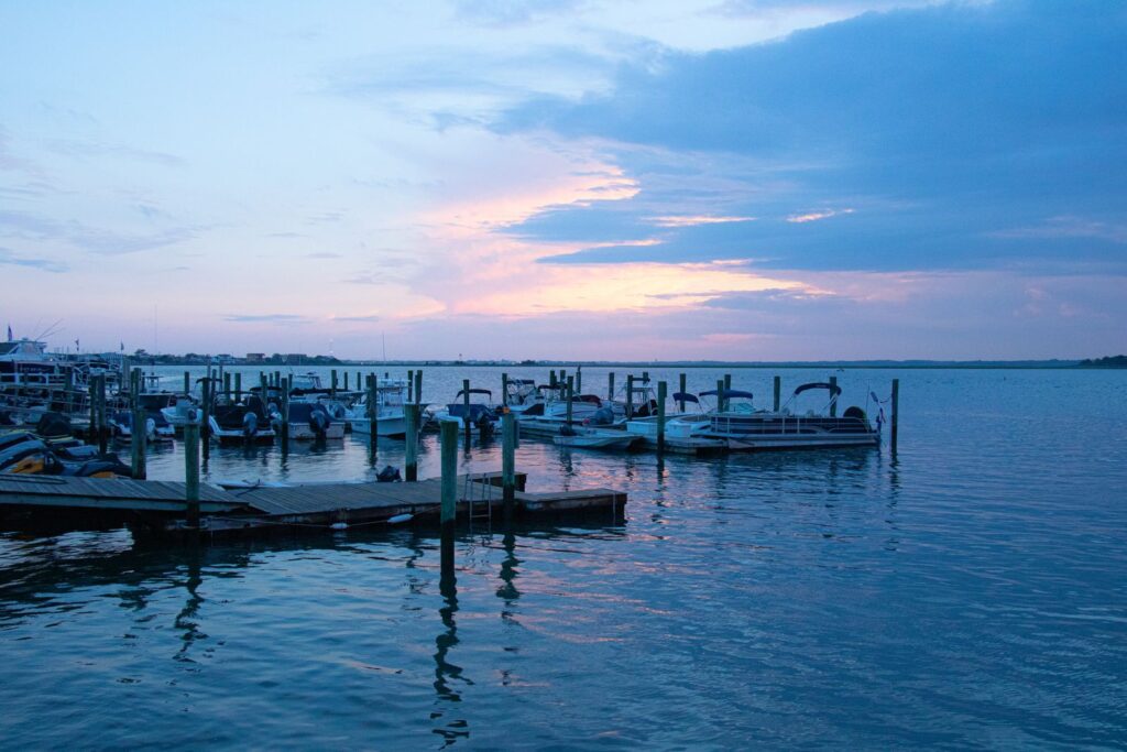 Boats moored at a marina in Wildwood Crest, New Jersey, at dusk